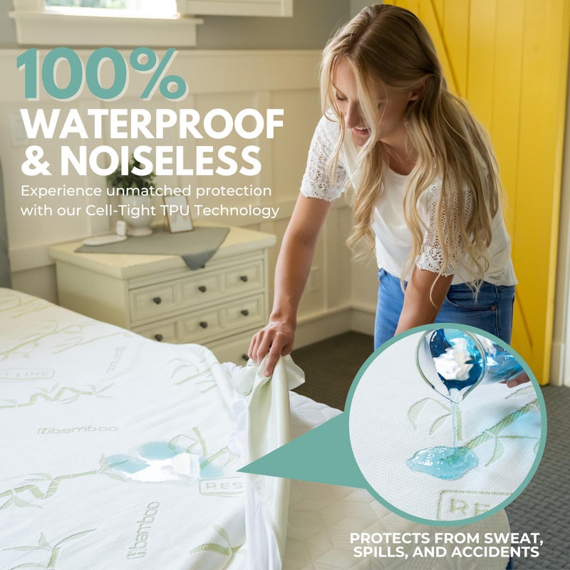 REST LINE PREMIUM BEDDING Queen Size 60x80â€ Premium Bamboo Waterproof Mattress Protector, 100% Viscose from Bamboo, Hypoallergenic, Cooling Mattress Pad Cover, Soft & Breathable Fitted Sheet Style up to 18" Deep - Rest Line - Image 2